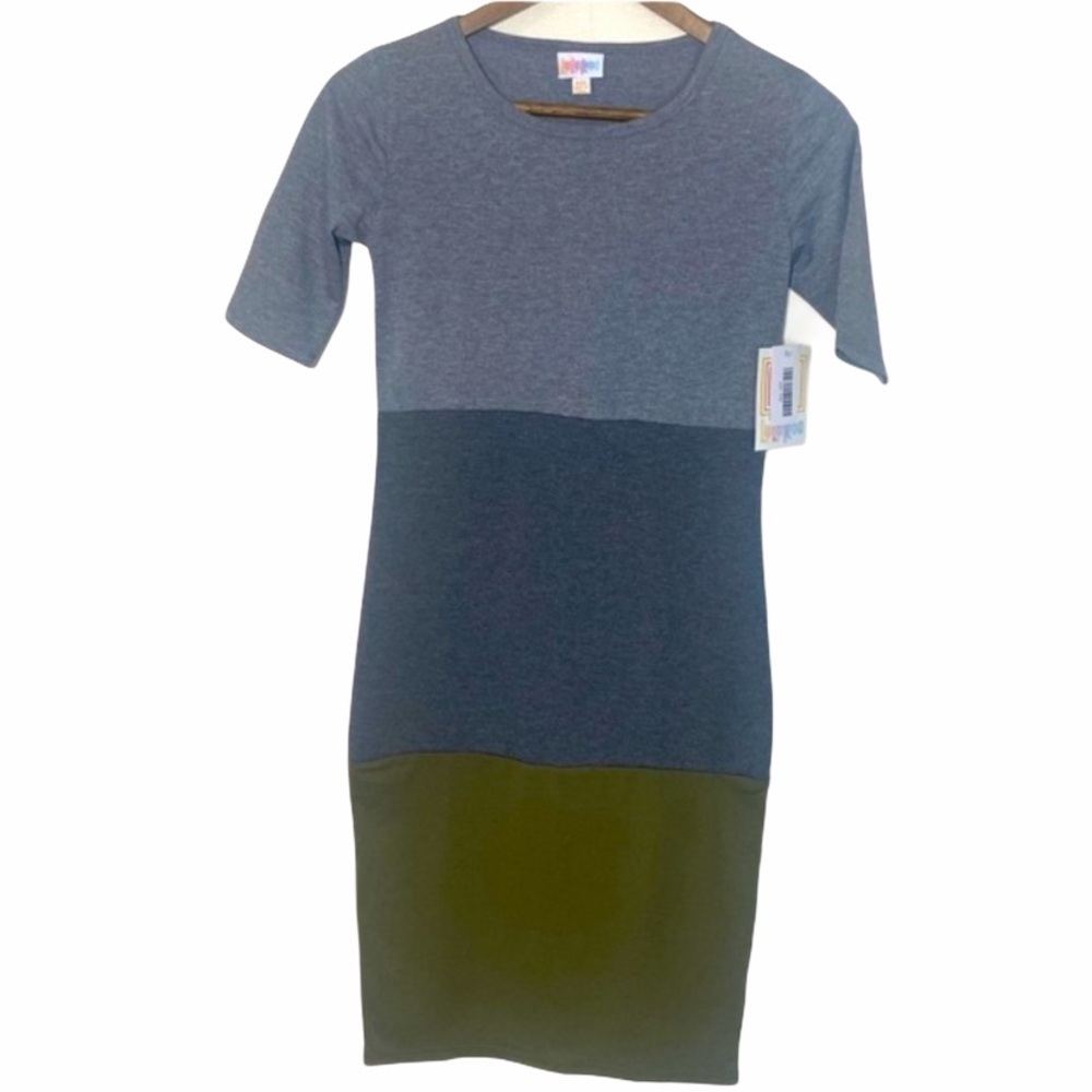NWT LuLaRoe Julia Dress Block Color Pattern Grays/Olive Green Size XXS